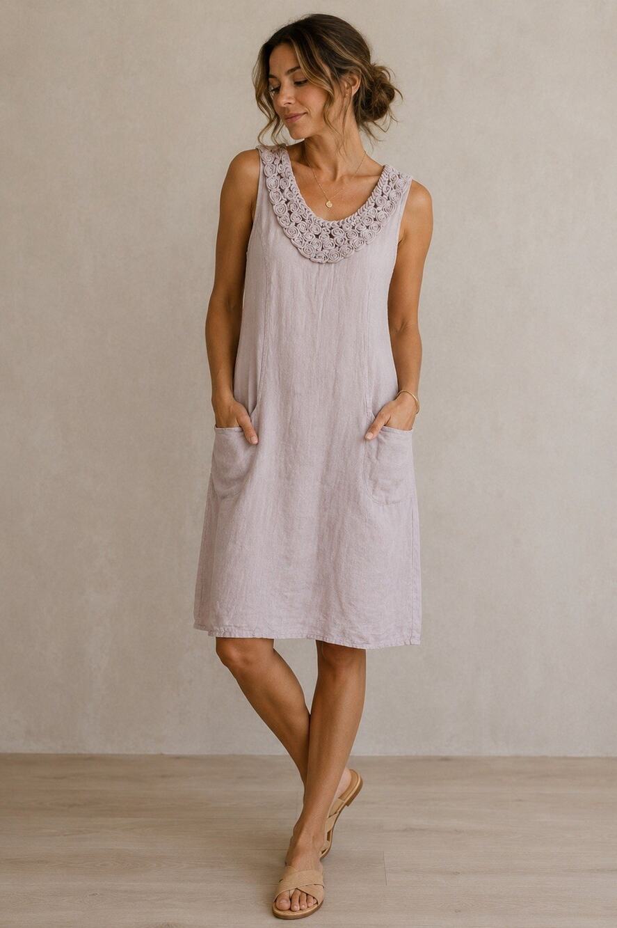 Lungo L'Arno Beige Sleeveless 100% Linen Dress Pockets Lagenlook Womens Large